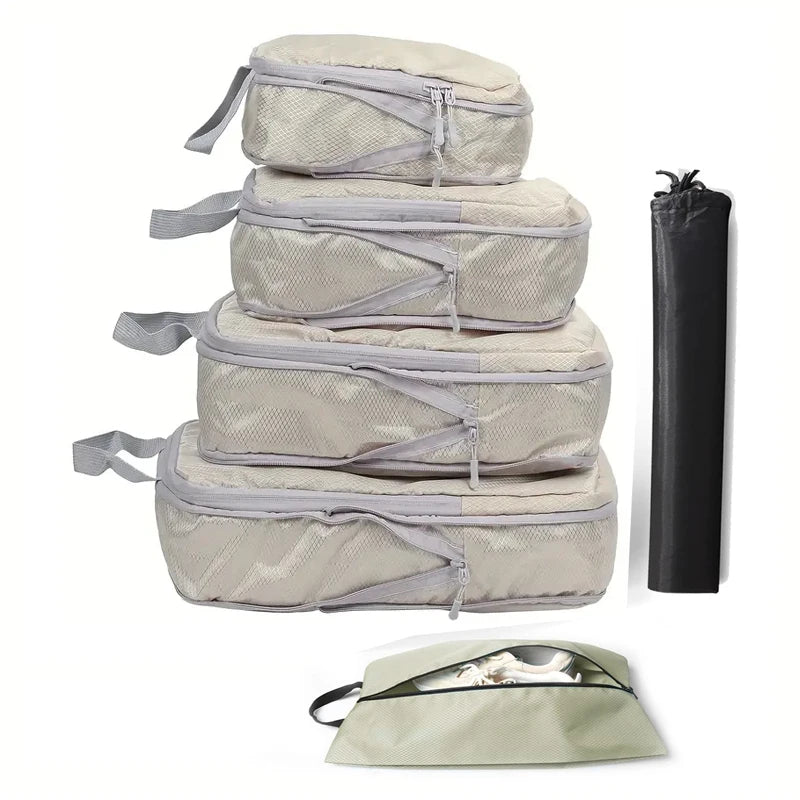 6-Piece Travel Compression Packing Cubes Set with Shoe Bag - Mesh Lightweight Luggage Organizers