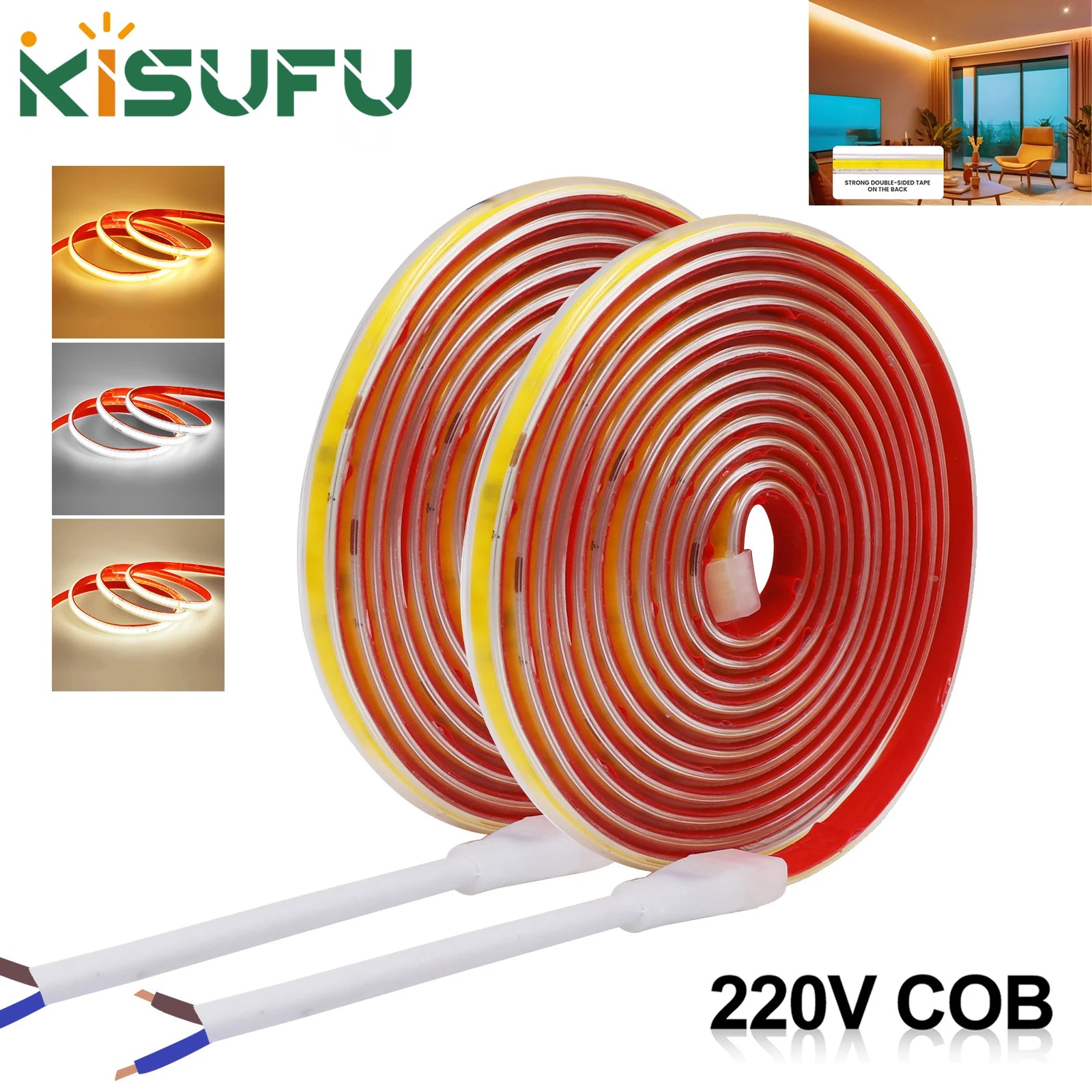 AC 220V COB LED Strip Light — 240 LEDs/m (73 LEDs/ft) IP65 Waterproof, 3000K/4000K/6000K, 10 cm (3.94 in) Cuttable Self-Adhesive Flexible Tape