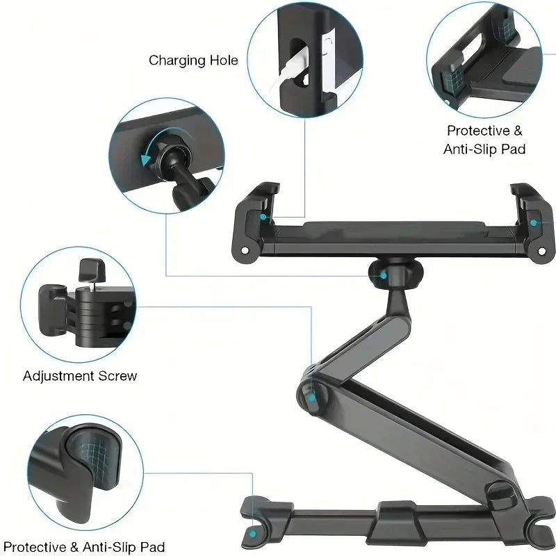 Telescopic Car Headrest Phone & Tablet Holder - Rotating Rear Seat Mount, Fits 5–13 inch (12.7–33 cm) Devices