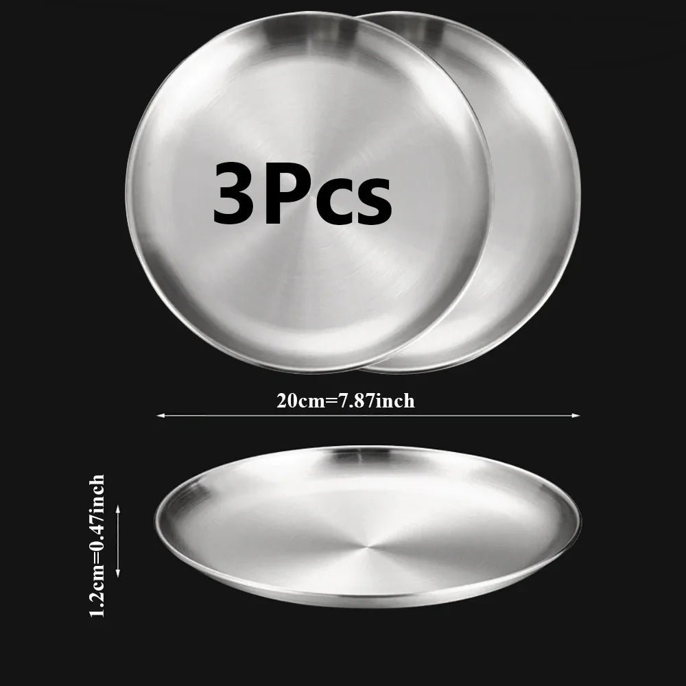 3-Piece Stainless Steel Round Shallow Plates Set – Rust-Resistant Camping, BBQ & Picnic Dishes (14–30 cm / 5.5–11.8 in)