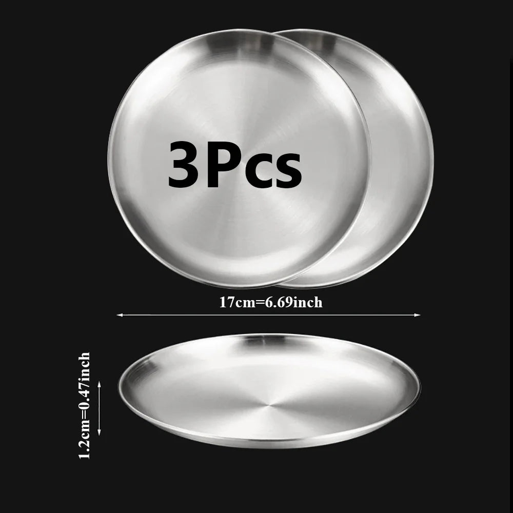 3-Piece Stainless Steel Round Shallow Plates Set – Rust-Resistant Camping, BBQ & Picnic Dishes (14–30 cm / 5.5–11.8 in)