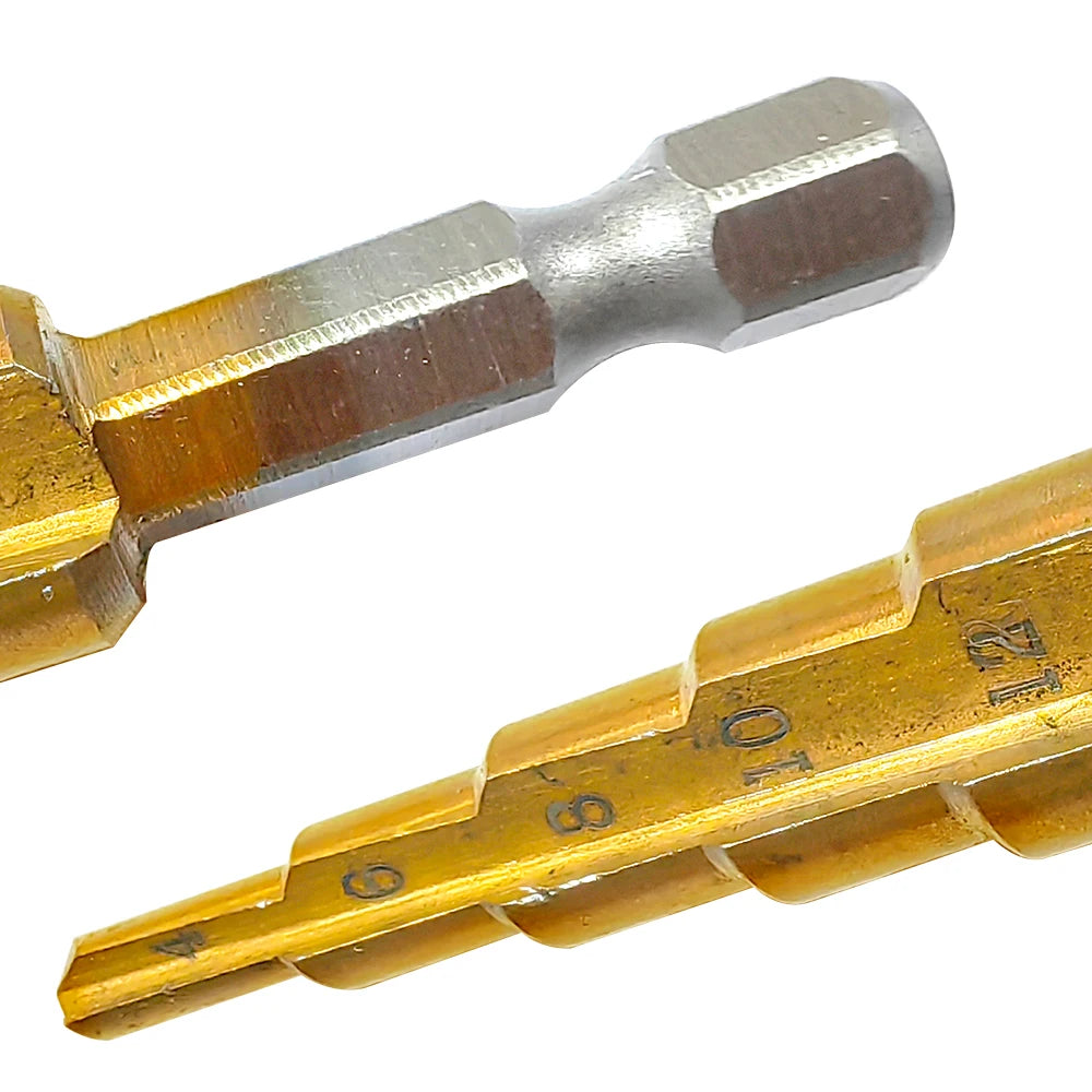 Ti-Plated Hex-Shank Step Drill Bit Set — 3–12mm (0.12–0.47in), 4–12mm (0.16–0.47in), 4–20mm (0.16–0.79in) — 3-Piece