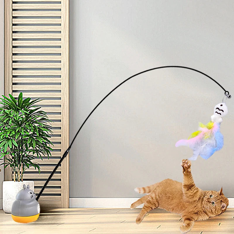 Interactive Feather Wand Cat Toy - Long Steel Wire Pole Rotating Fishing Toy for Kittens & Cats