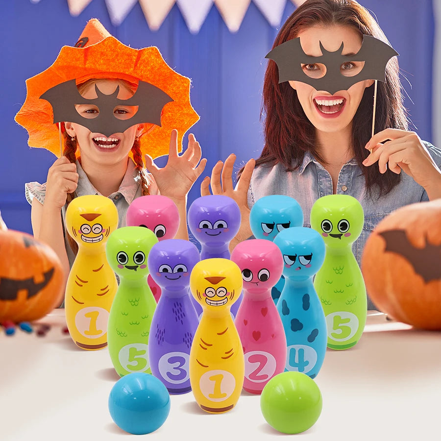 Kids Cartoon Bowling Set, 10 Pins & 2 Balls with Expressive Faces, Gift Box for Indoor & Outdoor Party Games
