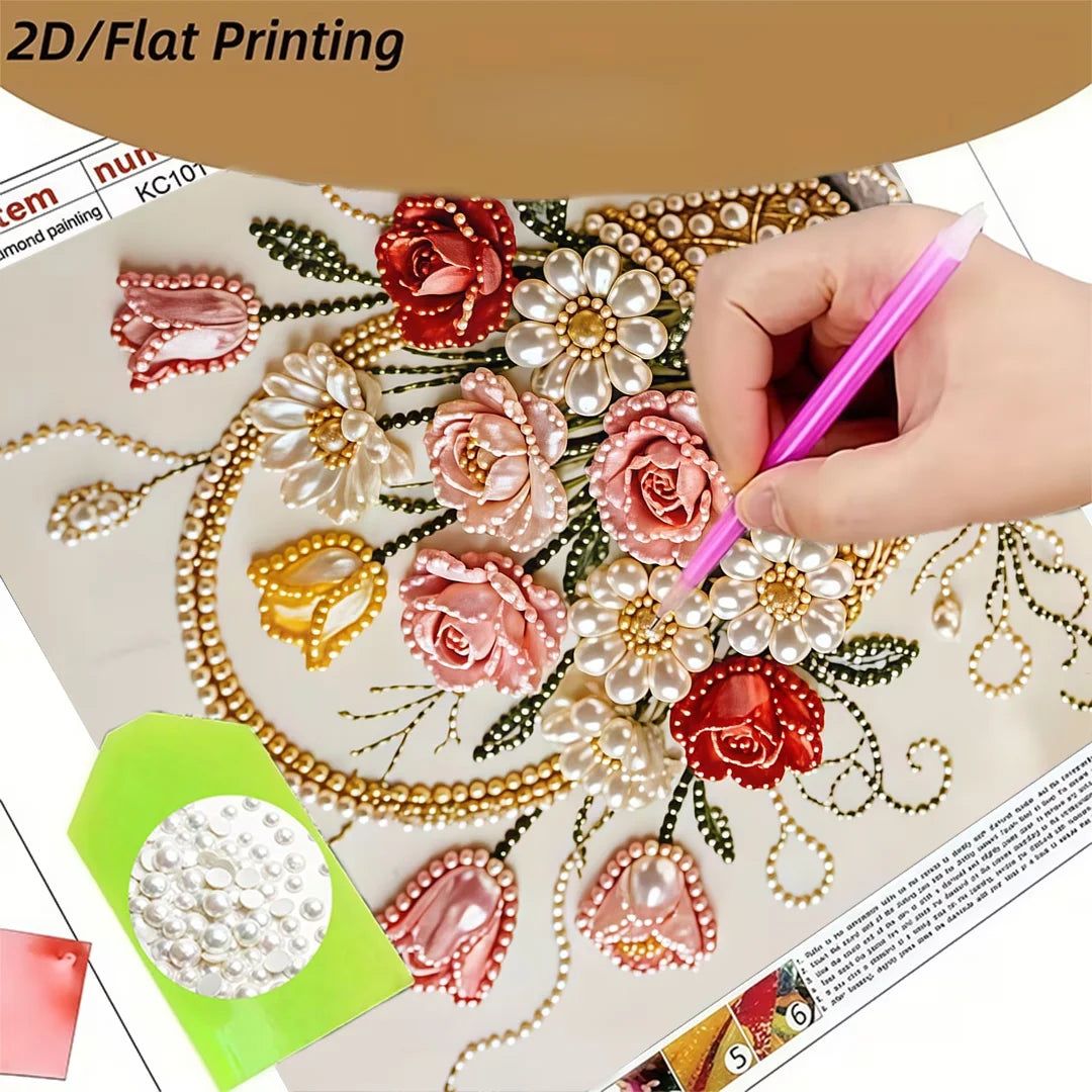 Pearl Flower Diamond Painting Kit, Frameless Partial Drill, Round Resin Beads, 1 Set