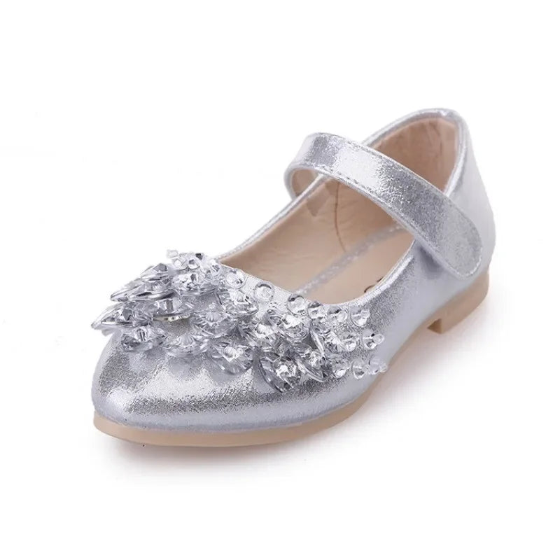 Girls Crystal Princess Flats – Shiny PU Leather Party & Wedding Shoes for Kids, EU Sizes 26-36 (Gold Pink Silver)