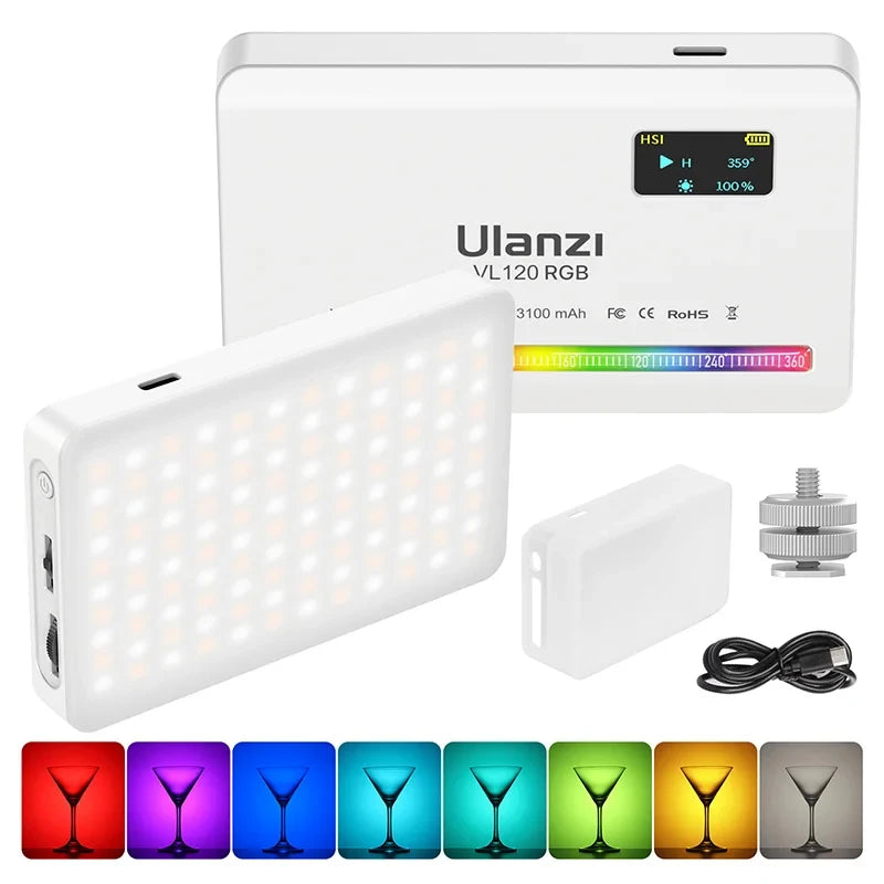 Full-Color RGB + White LED Video Light 2500K–8500K Dimmable for Camera, Vlog & Live Streaming — USB-C Rechargeable Portable Fill Light