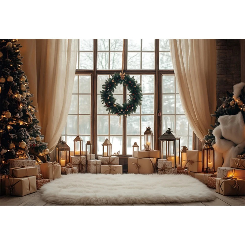 Christmas Fireplace Photography Backdrop — Gingerbread House & Wooden Window Holiday Photo Background for Kids & Family