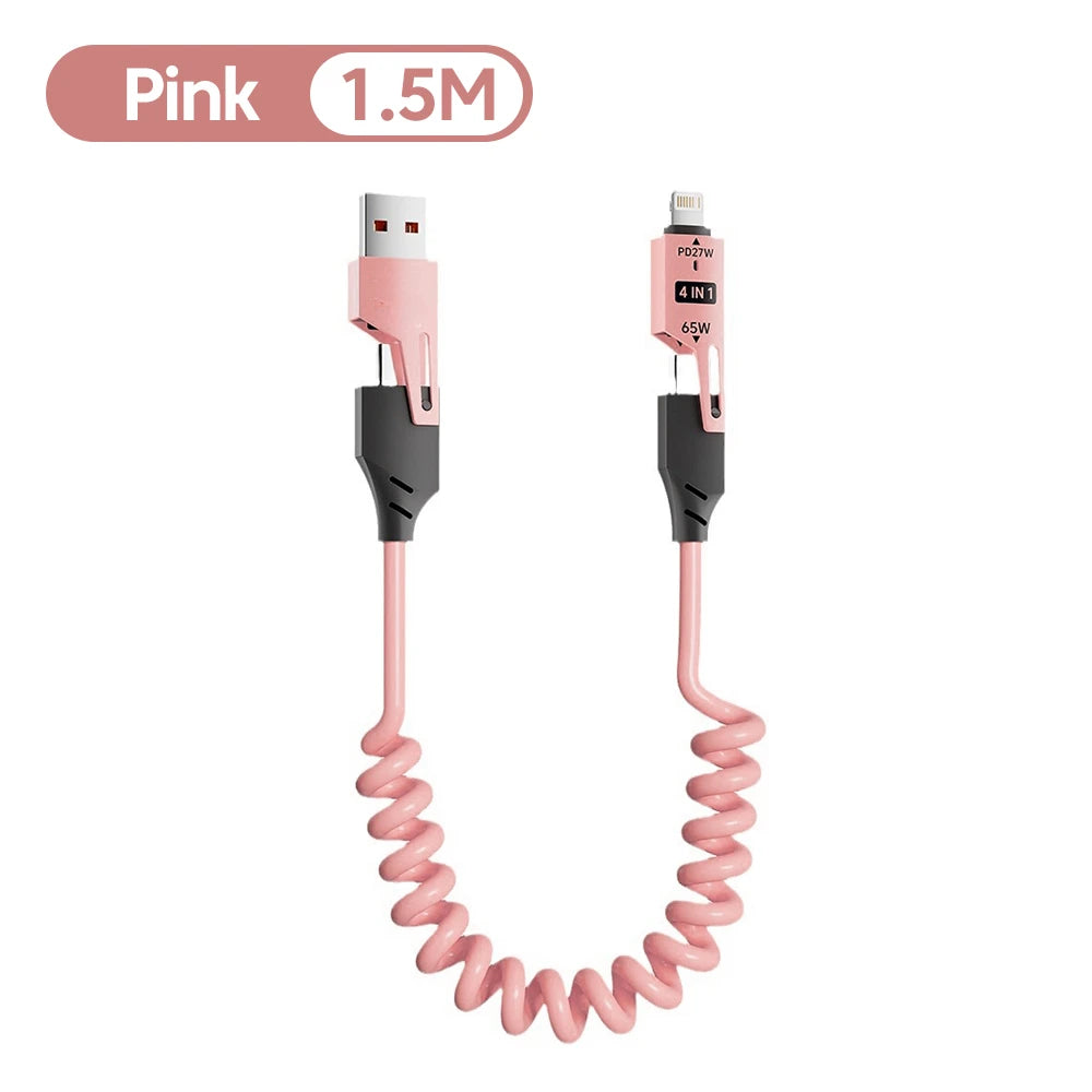 4-in-1 65W Telescopic Spring USB Cable – 6A Fast Charging & Data Sync (USB-C, Lightning, Micro USB)
