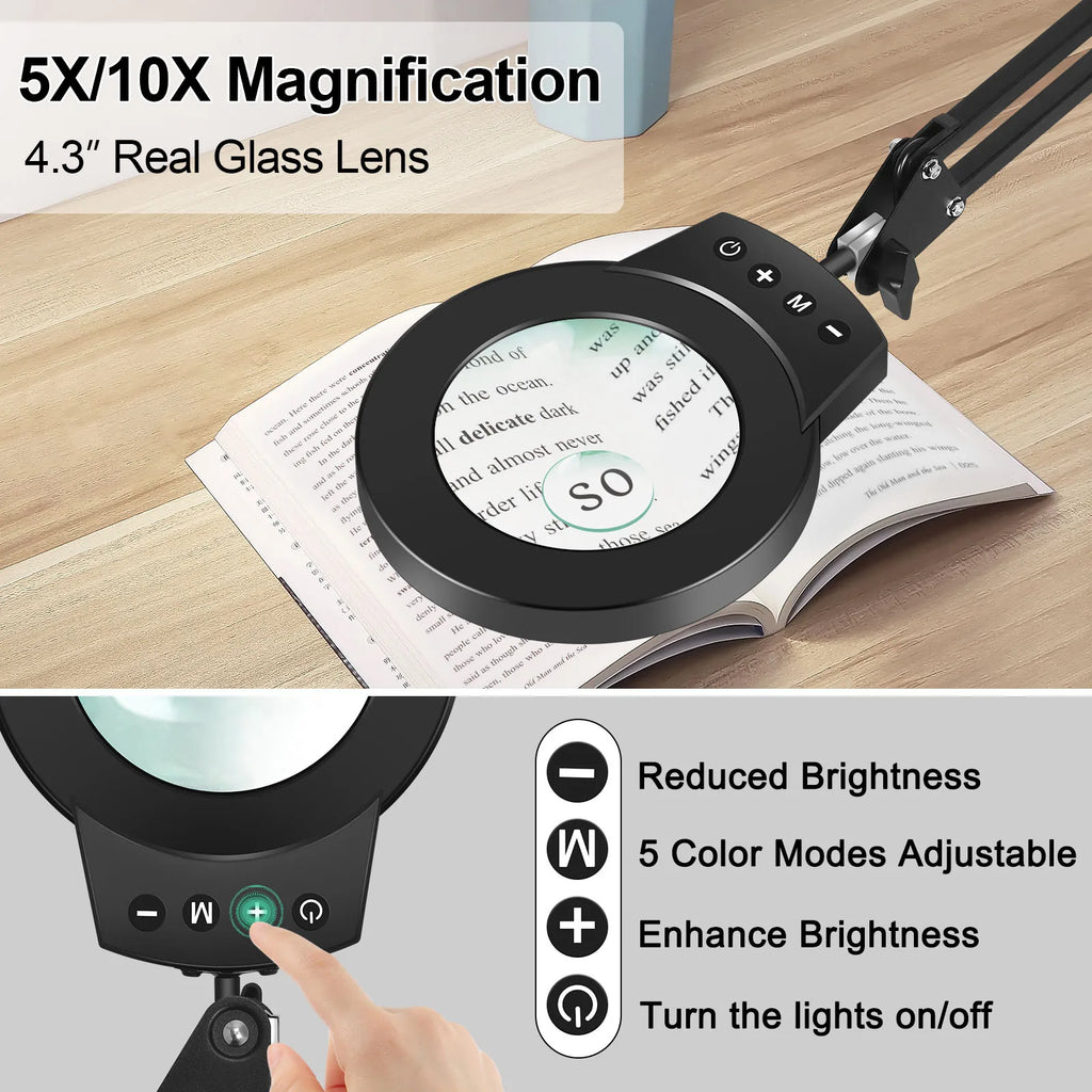 Adjustable 5X/10X Magnifying Lamp with 110mm (4.3 in) Lens - Touch 5-Color LED, 10-Level Dimming, Long Swing Arm Clamp Light for Reading, Jewelry & Soldering