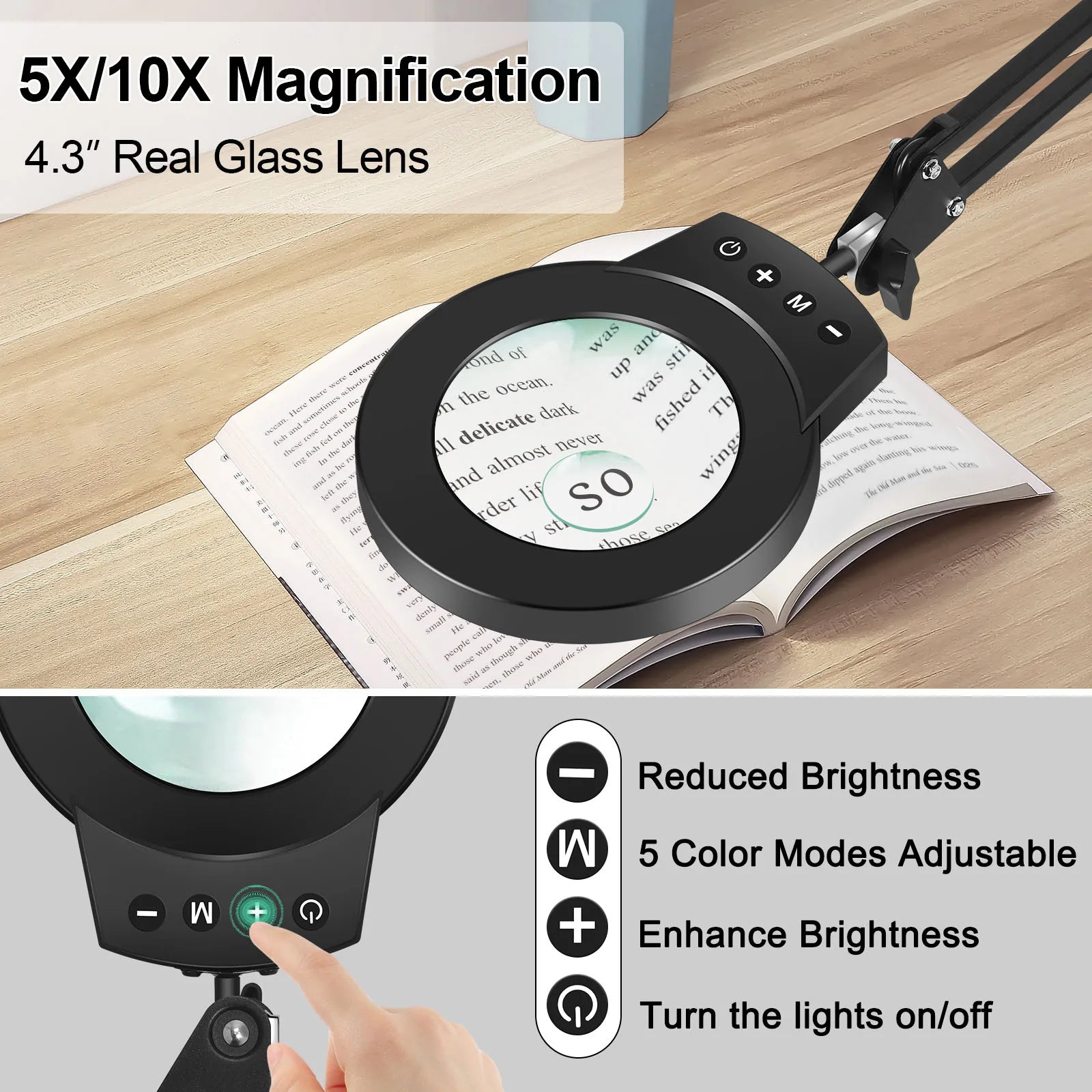 Adjustable 5X/10X Magnifying Lamp with 110mm (4.3 in) Lens - Touch 5-Color LED, 10-Level Dimming, Long Swing Arm Clamp Light for Reading, Jewelry & Soldering