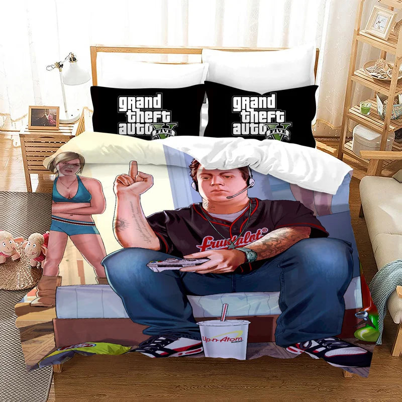 GTA V Cartoon 3-Piece Bedding Set — Printed Duvet Cover & 2 Pillowcases, Twin to King (68×86–104×90 in / 172×218–264×228 cm)