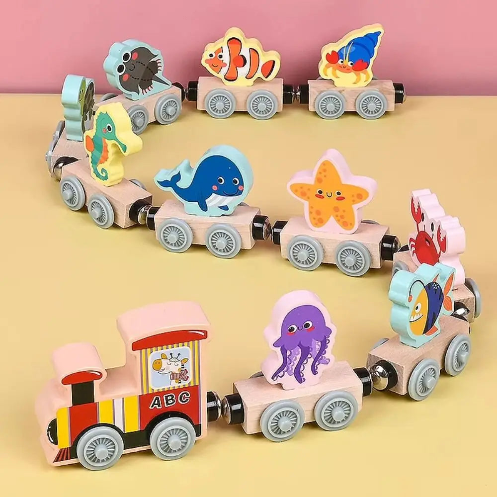 Wooden Magnetic Train Toy Set – Animal & Fruit Educational Building Blocks for Ages 3+