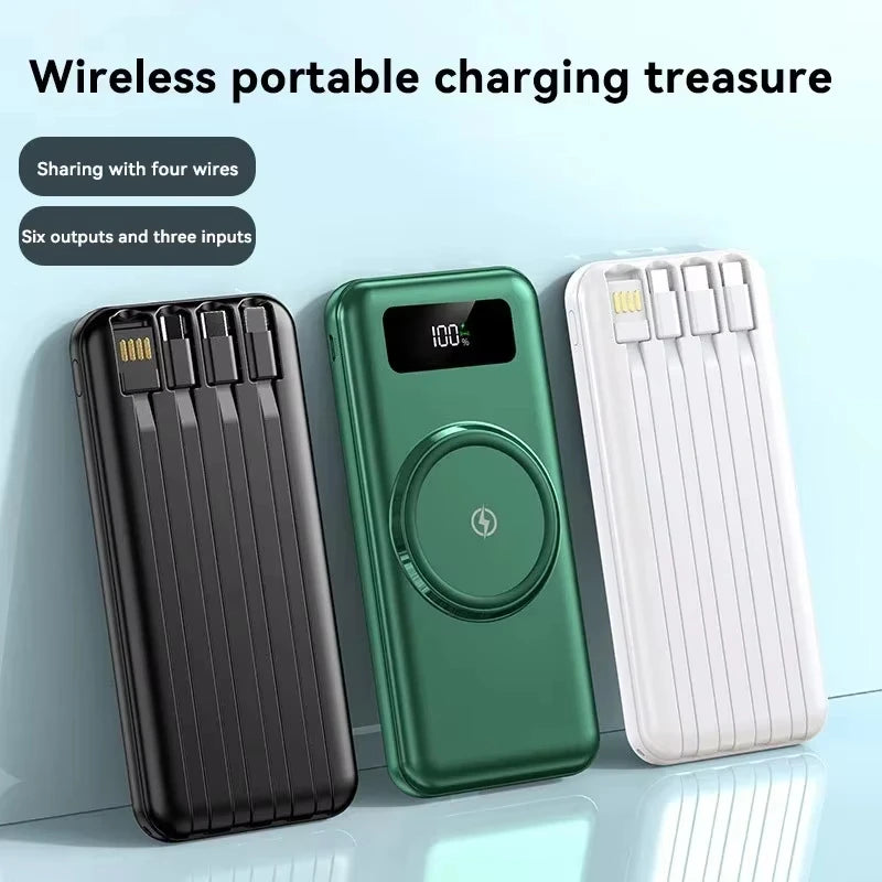 200000mAh Portable Power Bank Wireless Charger — 4 Built-In Cables, LED Digital Display, PD 20W & 120W Fast Charge