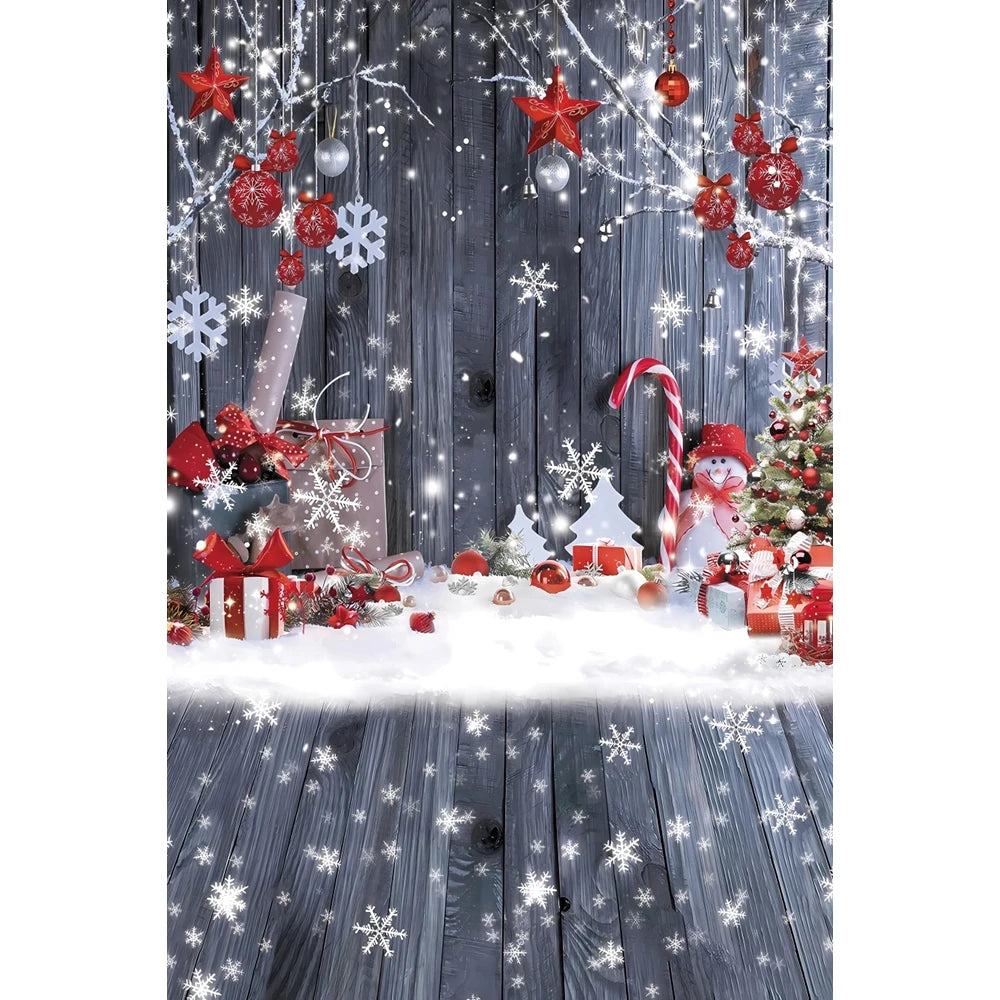 Christmas Photography Backdrop - Santa, Tree & Fireplace Winter Snow Wood Floor Portrait Background