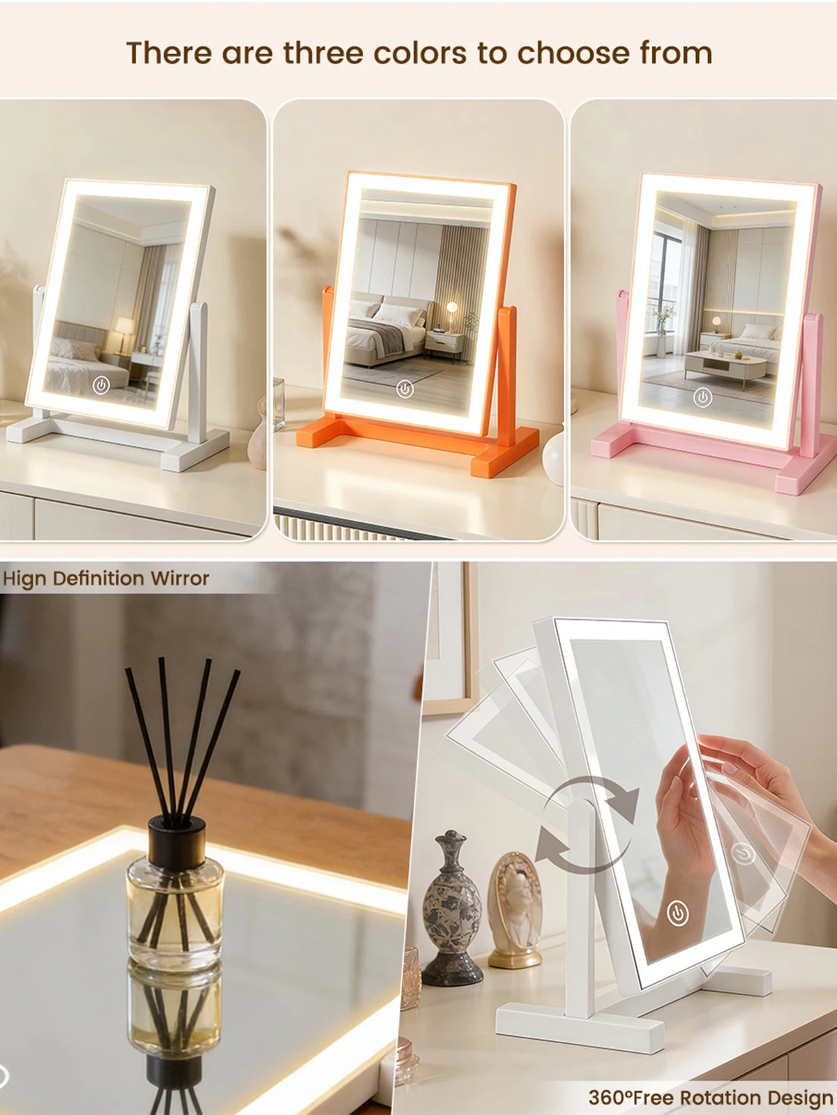 LED Vanity Makeup Mirror with 3-Color LED Lights, Touch Control & 360° Rotation