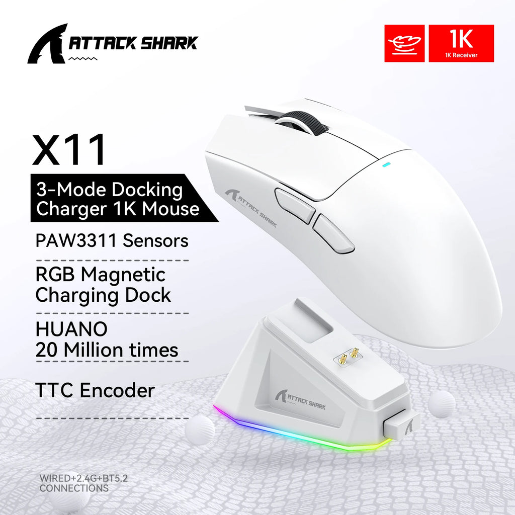 Mini Rechargeable Gaming Mouse — Up to 22,000 DPI, PAW3311 Sensor, Wired / 2.4G / Bluetooth 5.2 with Magnetic RGB Charging Base
