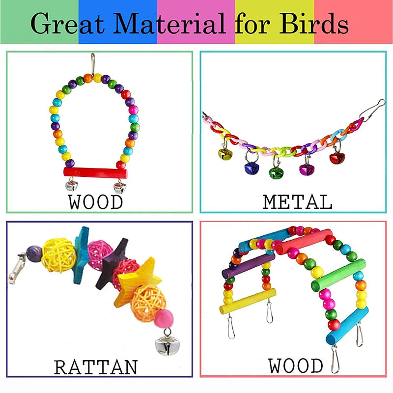 7-Piece Wooden Bird Cage Toys Set — Swing, Ladder, Chew Toys, Bridge & Bells for Parakeets & Small Parrots