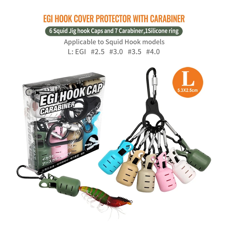 6-Pack Squid Jig Bait Protector Kit — Egi Hook Covers with Carabiner, Webfoot Octopus and Cuttlefish Lure Caps