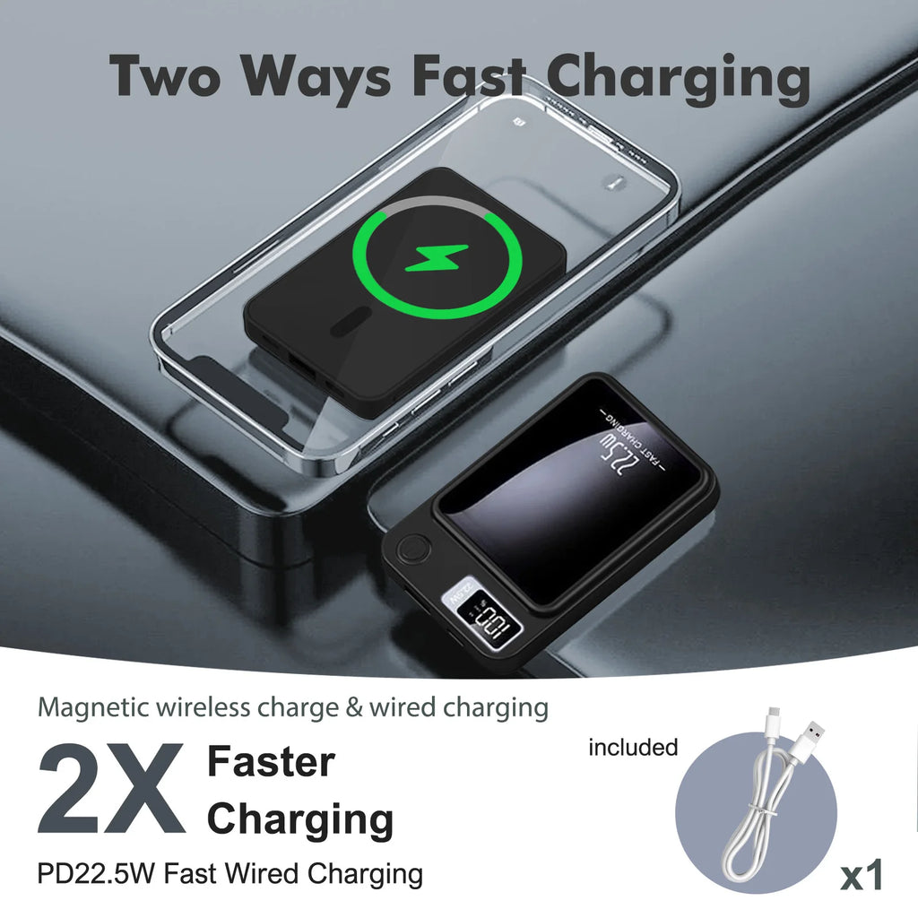 Magnetic Wireless Power Bank 22.5W Fast Charger — 10,000/5,000mAh Portable USB-C & Wireless Power Bank with LED Display, Built-in Cable