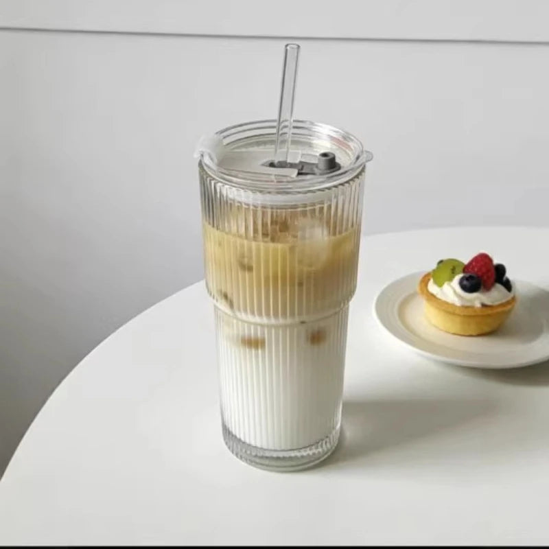 Vertical Ribbed Glass Tumbler 600ml (20.3 fl oz) with Lid & Straw — High-Temperature Resistant, Leak-Proof Office Coffee Cup
