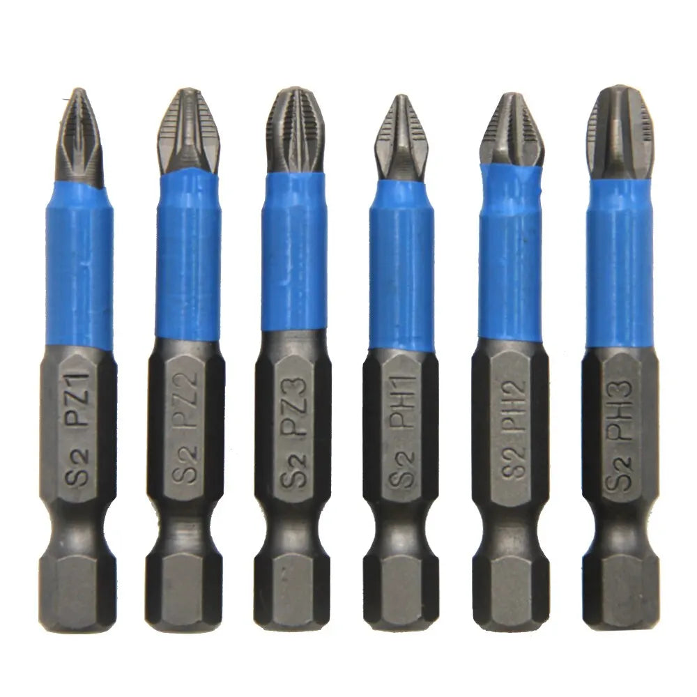 6-Piece 1/4 in (6.35 mm) Hex Shank Anti-Skid Screwdriver Bit Set for Woodworking, PH1 PH2 PH3 PZ1 PZ2 PZ3