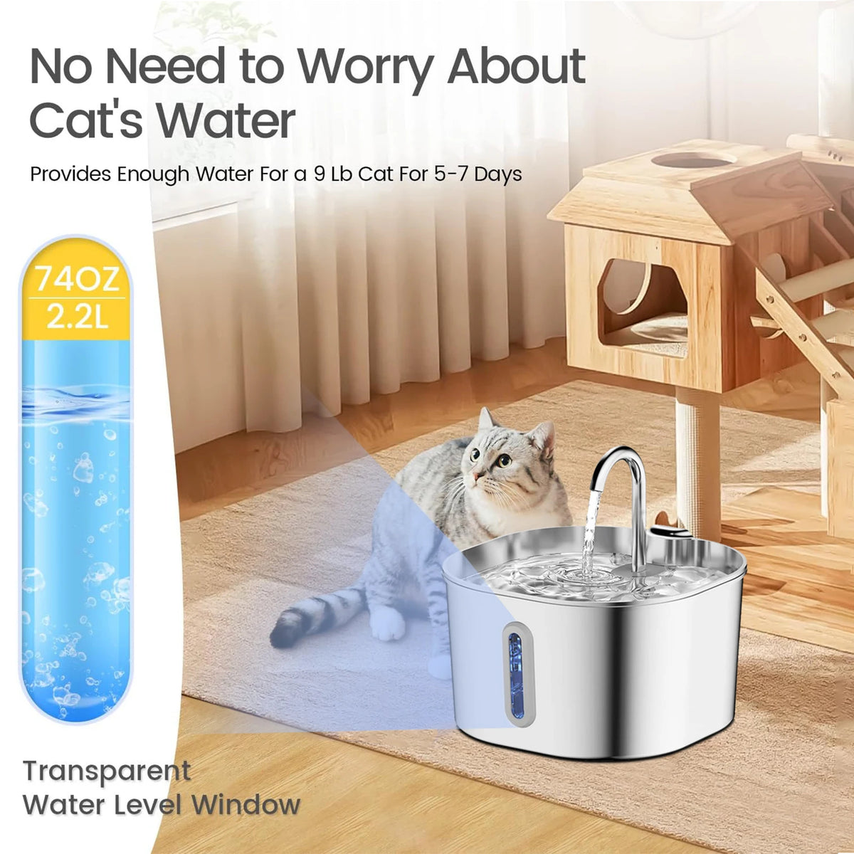 Stainless Steel Pet Water Fountain 2.2L (74.4 fl oz) Ultra-Quiet Pump with Filter, Water-Level Window & LED Light