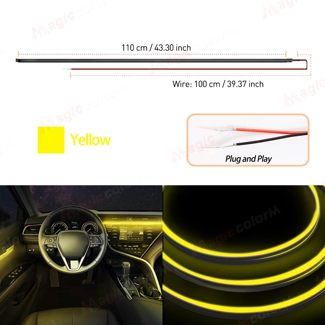 Car Interior Ambient LED Strip 110cm (43.3in), Universal DIY Flexible Cuttable Acrylic Lighting