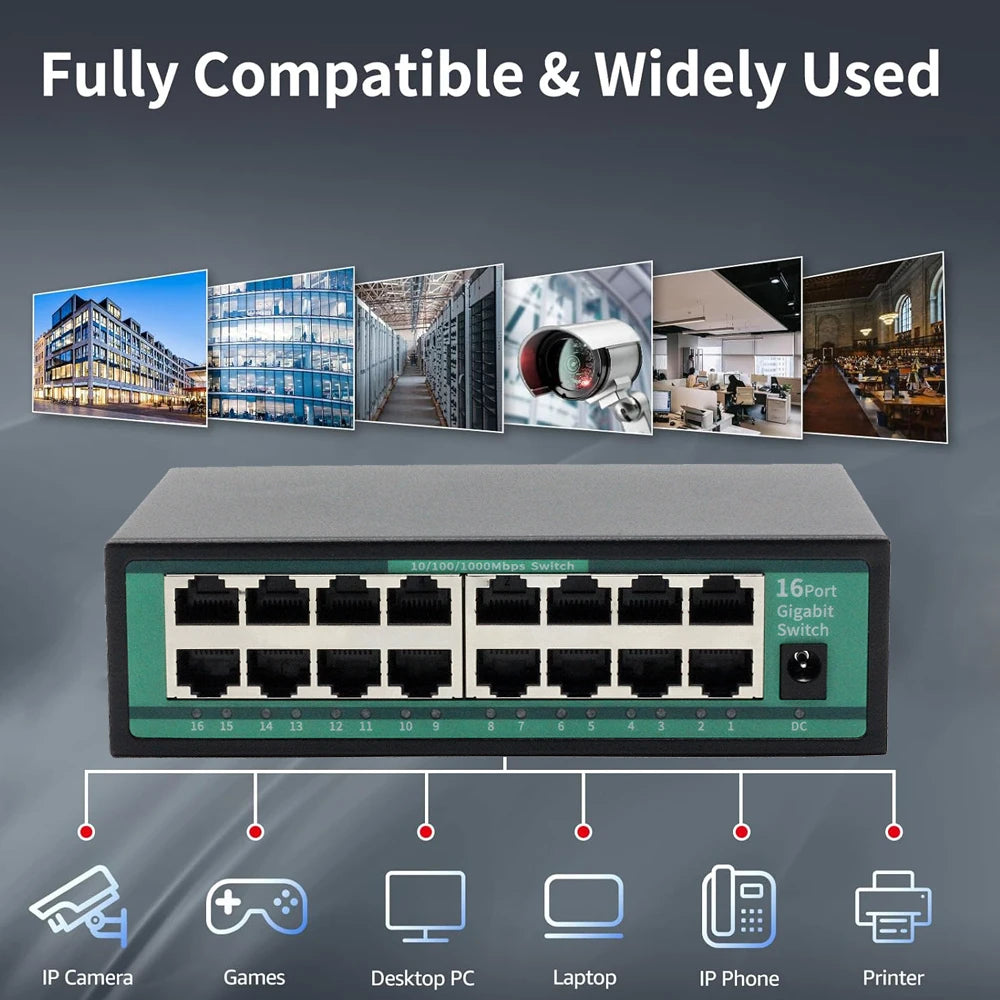 16-Port Gigabit Ethernet Switch 10/100/1000Mbps 32Gbps Backplane