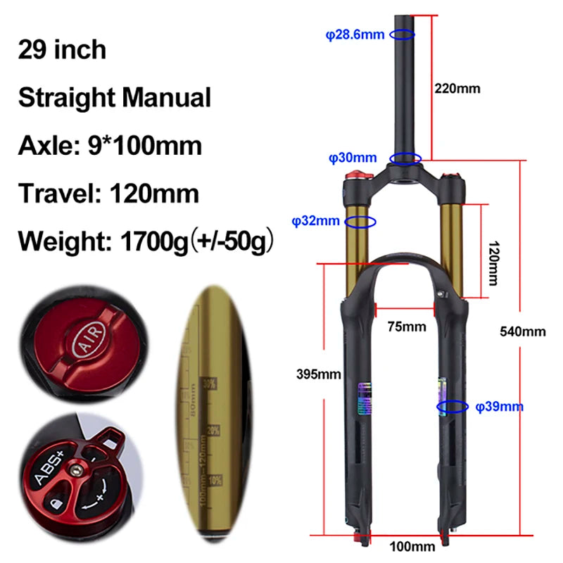 MTB Air Suspension Fork — 120mm Travel, Rebound Adjustable, 26/27.5/29 in, 9x100mm Quick Release, Disc Brake Compatible