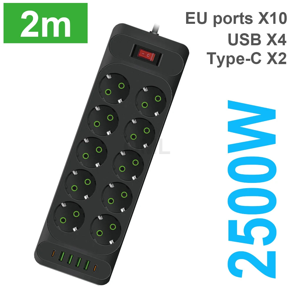 EU Power Strip 2500W — 10-Outlet Extension with Safety Master Switch, 6 USB Ports incl. USB-C, 2m (6.6 ft) Cord, EU Plug