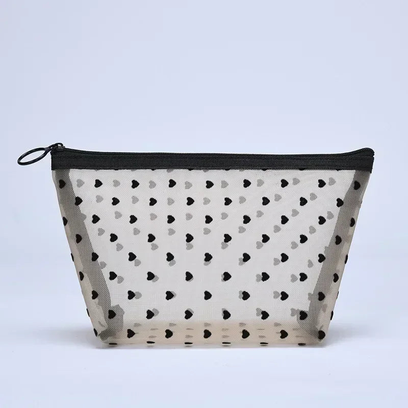 Heart-Shaped Mesh Cosmetic Bag - Zipper Toiletry Makeup Pouch for Women, Coin & Lipstick Organizer