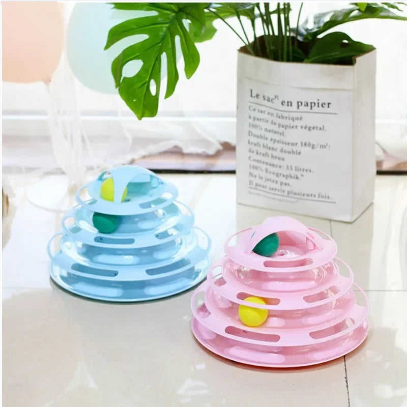 Interactive Triple-Play Cat Toy — Spinning Disc with Rolling Balls Puzzle Chase Toy for Cats (Pink, Blue, Green, Orange)