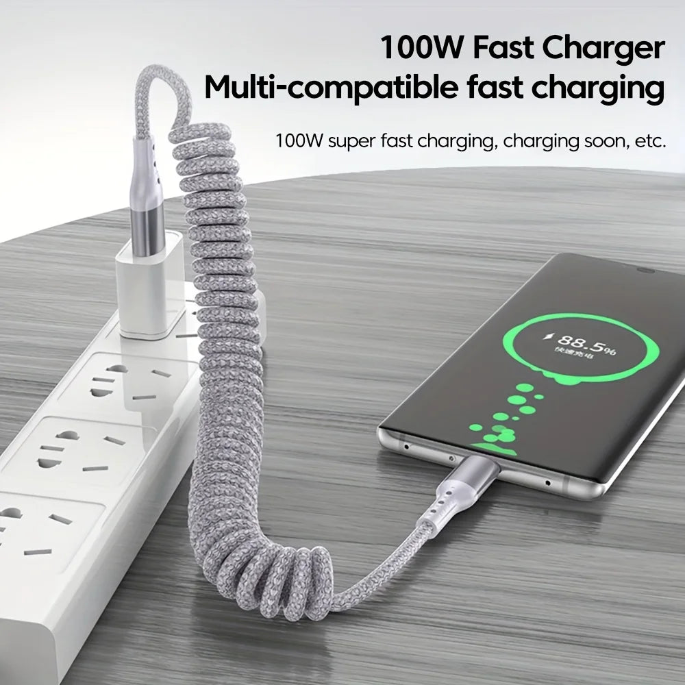 100W USB-C Coiled Car Fast Charging Cable – PD 100W Fast Charge & 60W Data Sync, USB 3.1 Type-C