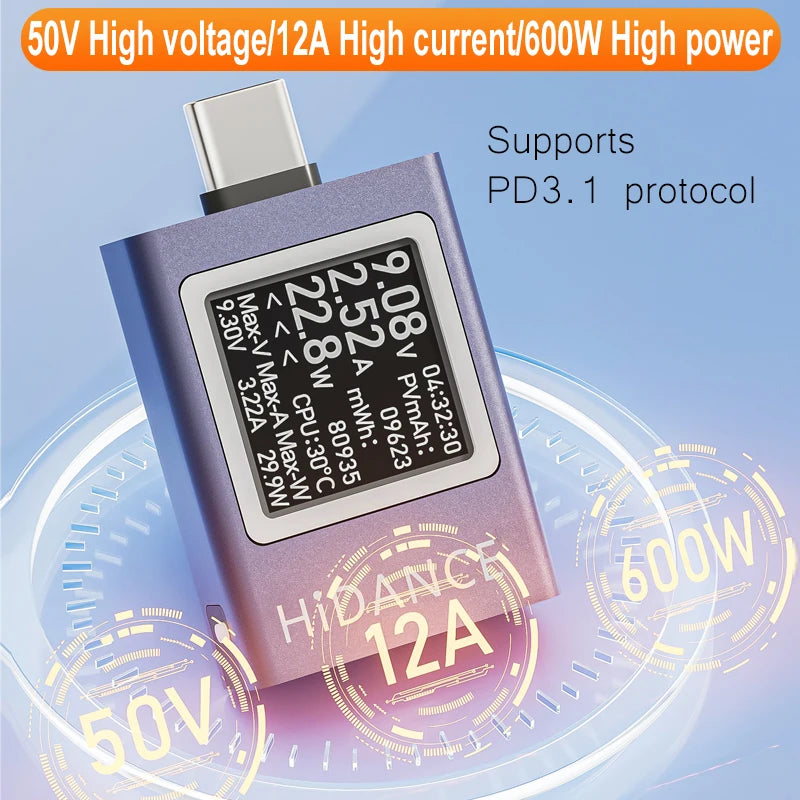 13-in-1 USB-C DC Power Meter Tester 4.5–50V 0–12A PD3.1 PPS QC Fast Charge Ammeter