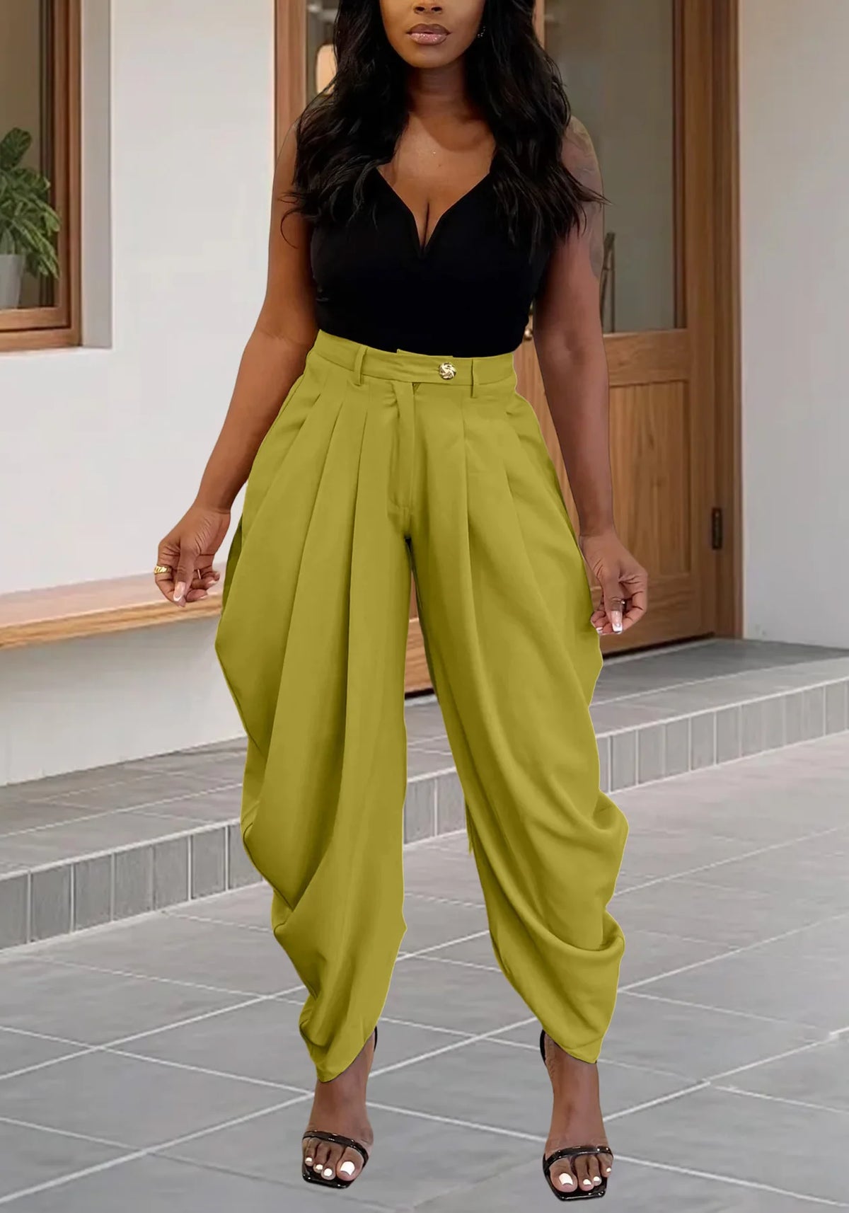 High-Waisted Pleated Wide-Leg Cropped Pants for Women – Loose Harem Skirt-Pant, Casual