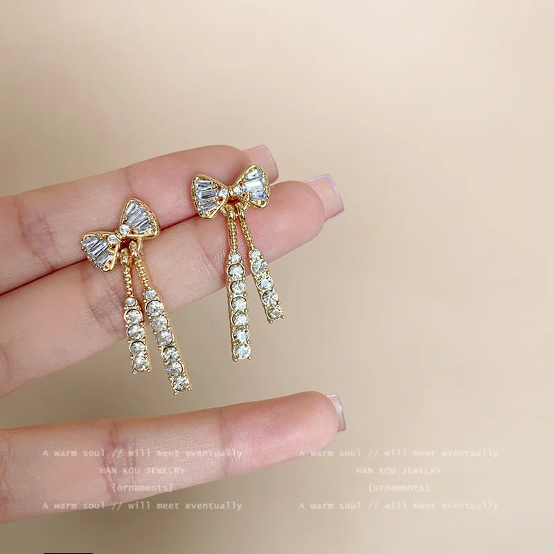 Gold Tone Rhinestone Bow Dangle Stud Earrings, Dainty Gift for Women