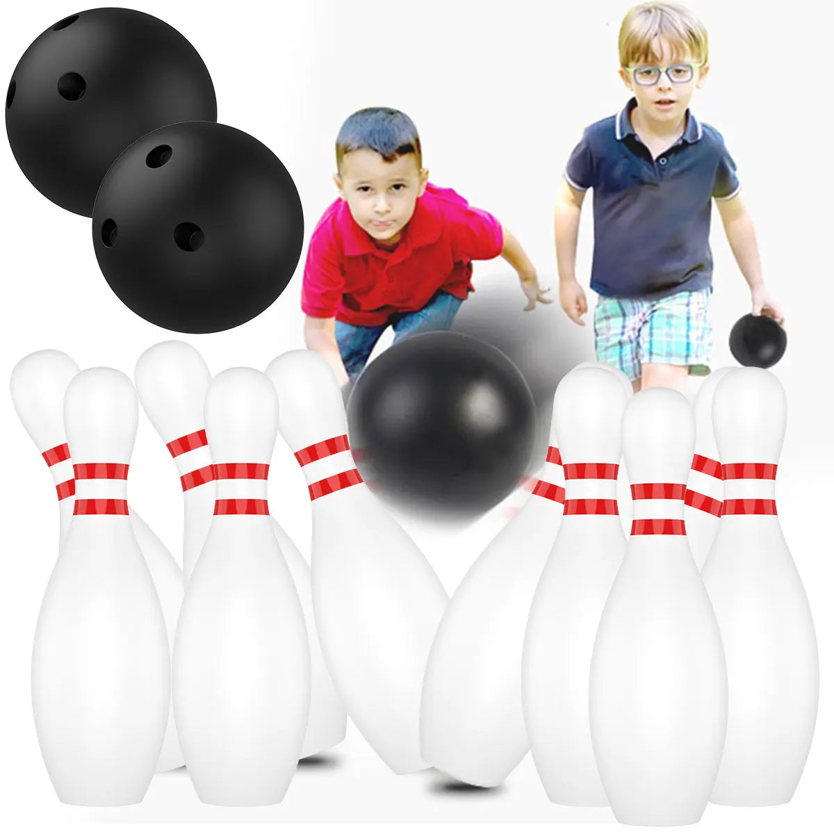 Kids 10-Pin Bowling Set with 2 Balls — Plastic Indoor & Outdoor Family Game, 16cm (6.3in) Pins, 7cm (2.8in) Balls