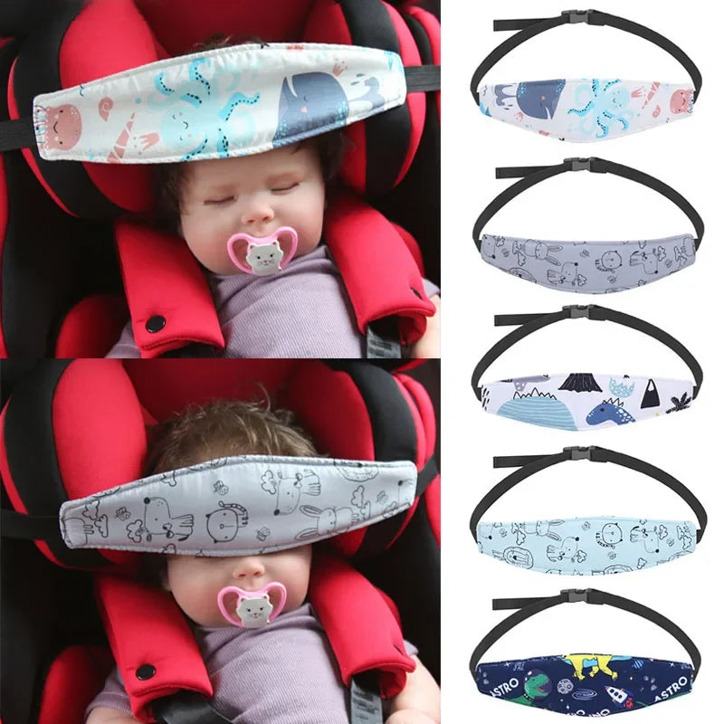 Infant Head Support Pillow for Car Seat & Stroller — Adjustable Belt Fastening Sleep Positioner, Unisex Cartoon Design