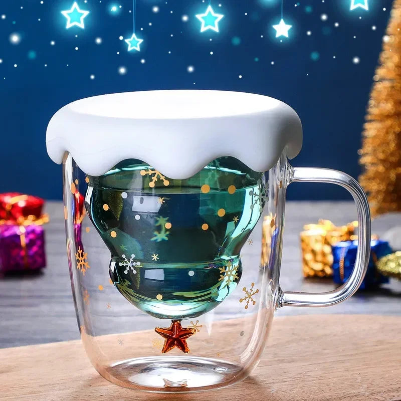 Christmas Tree Double Wall Glass Coffee Mug 300ml (10 fl oz), Heat-Resistant Cartoon Snow Mountain Design