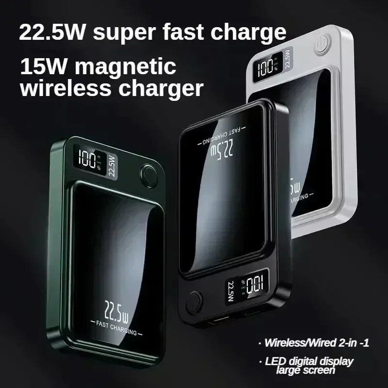 Magnetic Wireless Power Bank 100000mAh / 50000mAh – 22.5W Fast Charger, Portable Power Pack with LED Display, Type-C & Qi Wireless
