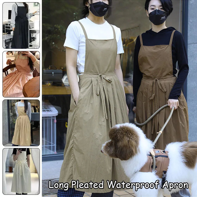 Long Waterproof Apron with Pockets – Oilproof Pleated Ruffled Apron for Kitchen, Salon & Gardening, 73.6 x 41.7 in (187 x 106 cm)