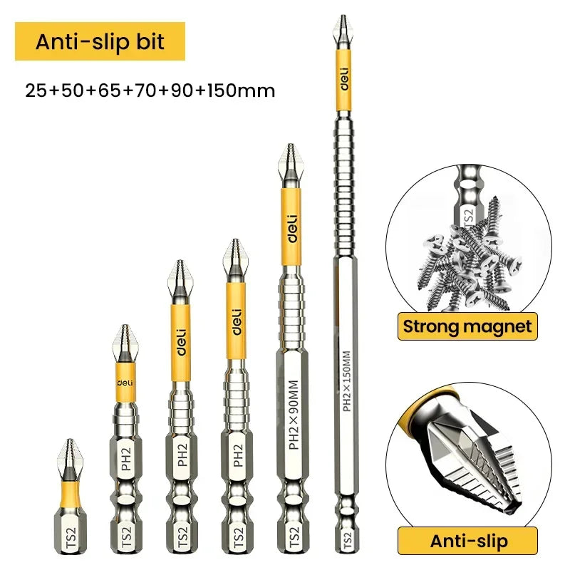 Magnetic Drill Bit Set – Chrome-Vanadium Non-Slip Cross & Hex Bits, Multiple Lengths up to 150 mm (5.9 in) for Electric Drills