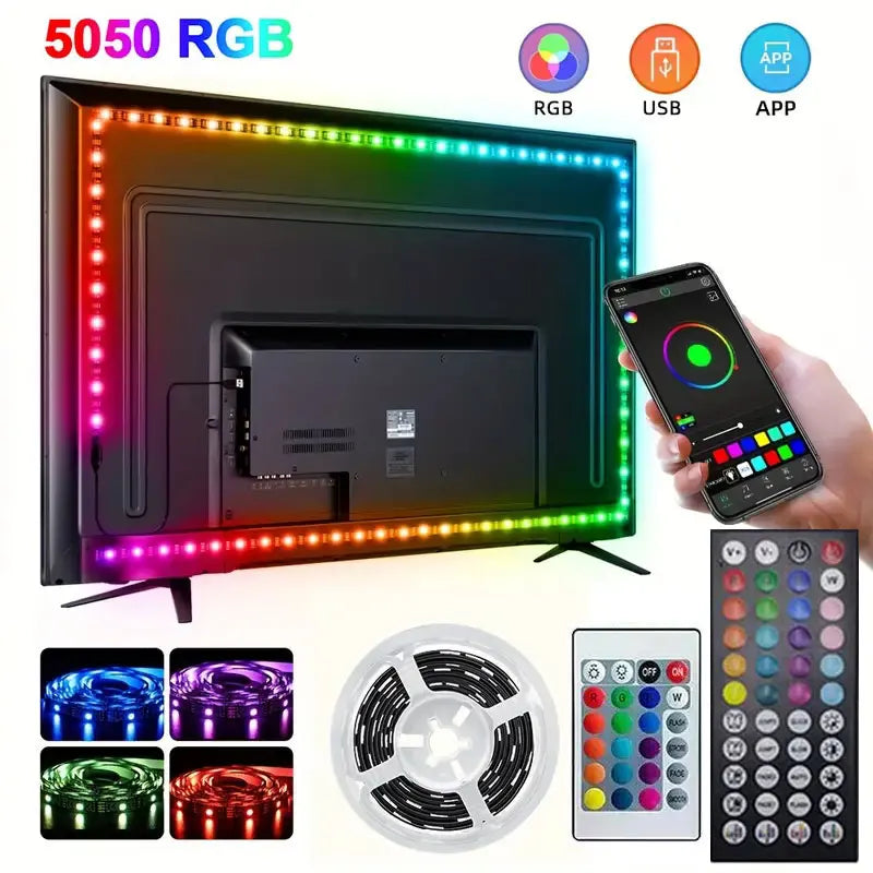 5050 USB 5V RGB LED Strip Light – Bluetooth & WiFi App + Remote Controlled Flexible Tape for TV Backlight, Room and Party Lighting