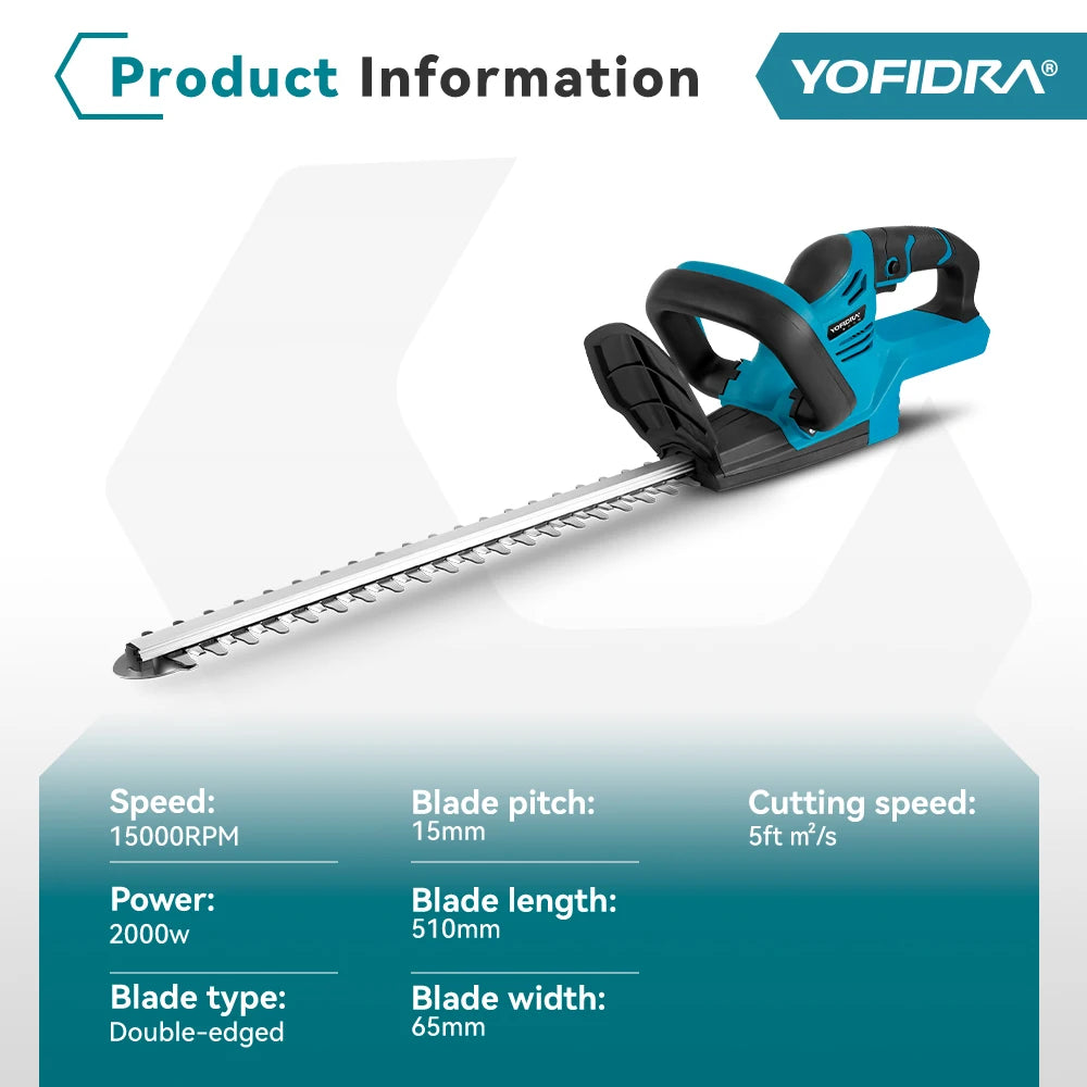 2000W 15000RPM Cordless Hedge Trimmer 20in (510mm) Dual Blade 90° Adjustable Head Compatible with 18V Batteries