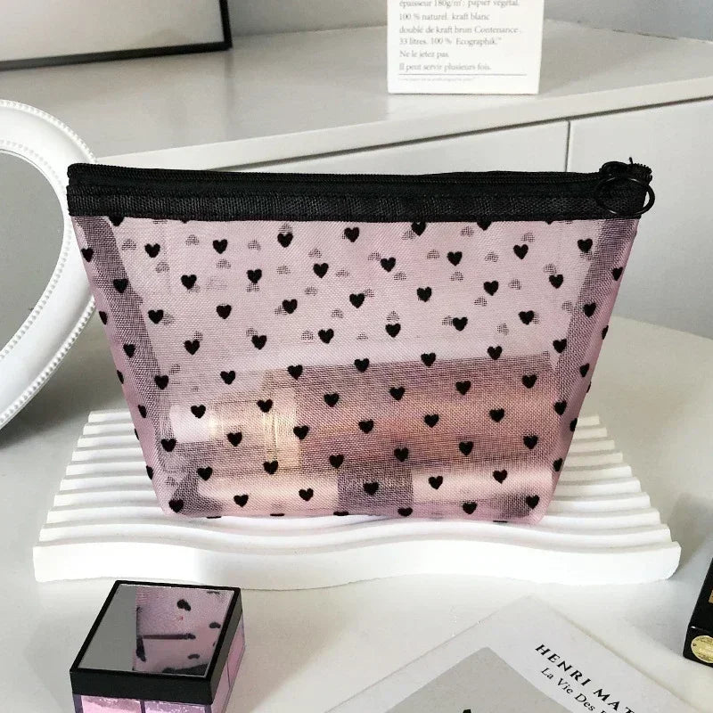 Heart-Shaped Mesh Cosmetic Bag - Zipper Toiletry Makeup Pouch for Women, Coin & Lipstick Organizer