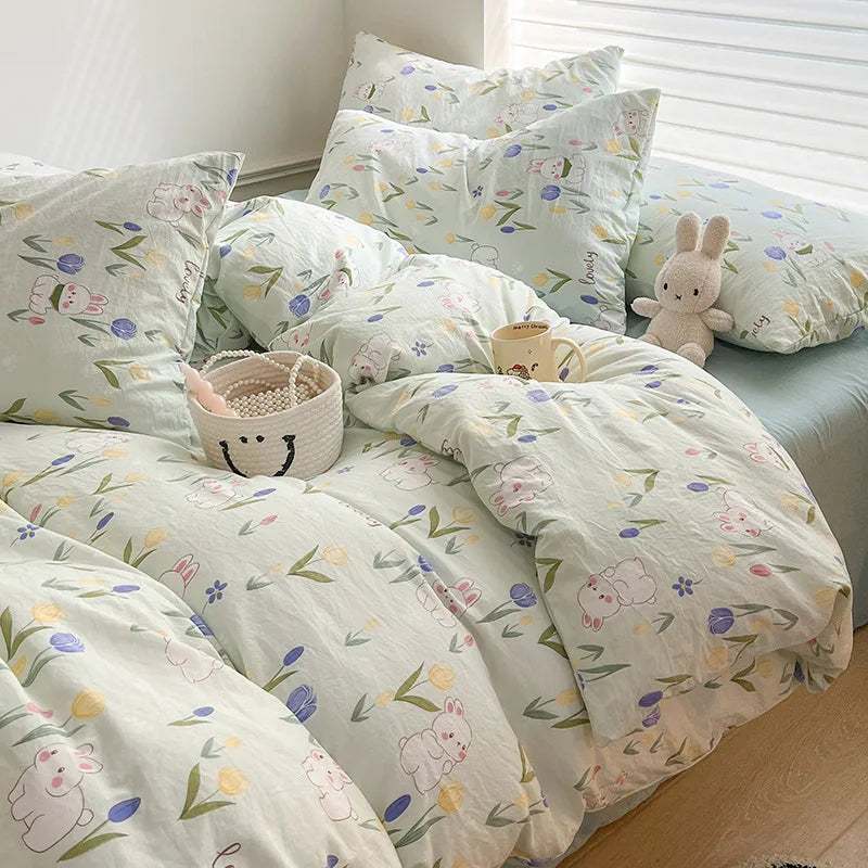 Floral Kawaii Bed Linen Set - Bed Sheet & Duvet Cover Twin / Full / Queen / King (3-4 Pc)