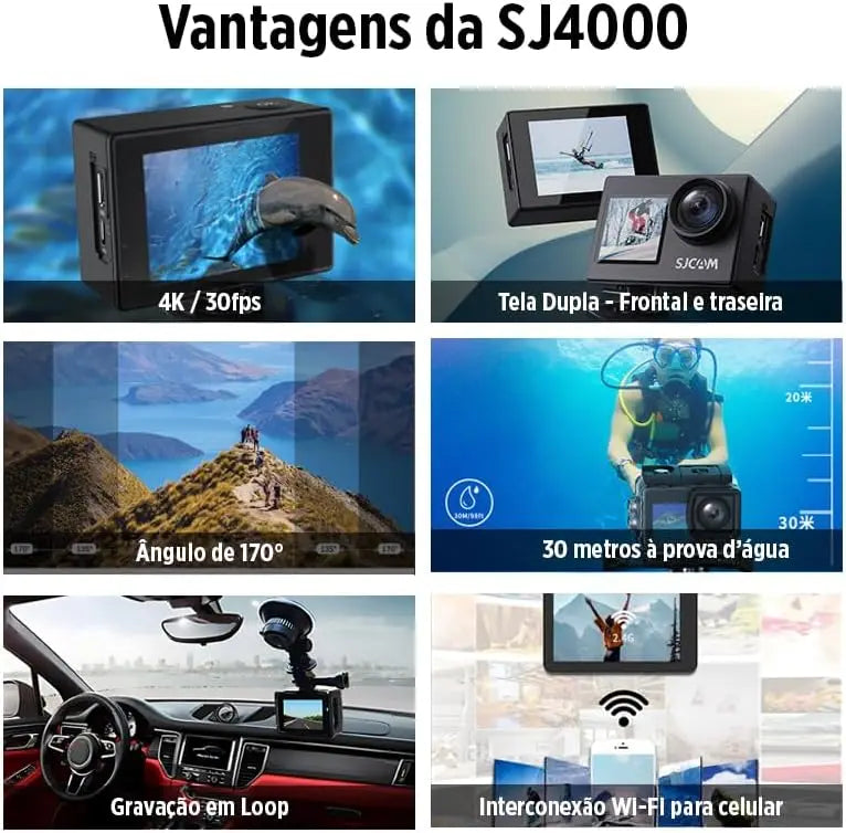 Dual-Screen 4K Action Camera – 30m (98 ft) Waterproof, 16MP 170° Wide-Angle, Wi‑Fi, 2-inch (5.1 cm) LCD, Digital Stabilization