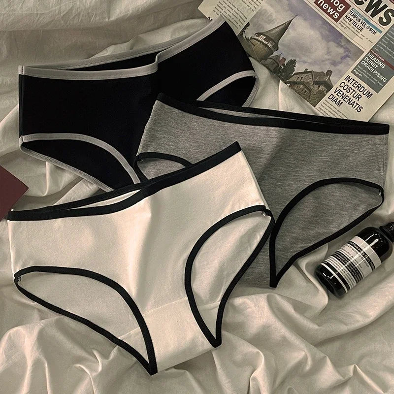 3-Pack Cotton Women's Mid-Waist Briefs - Triangle Sports Minimalist Underwear, White & Black