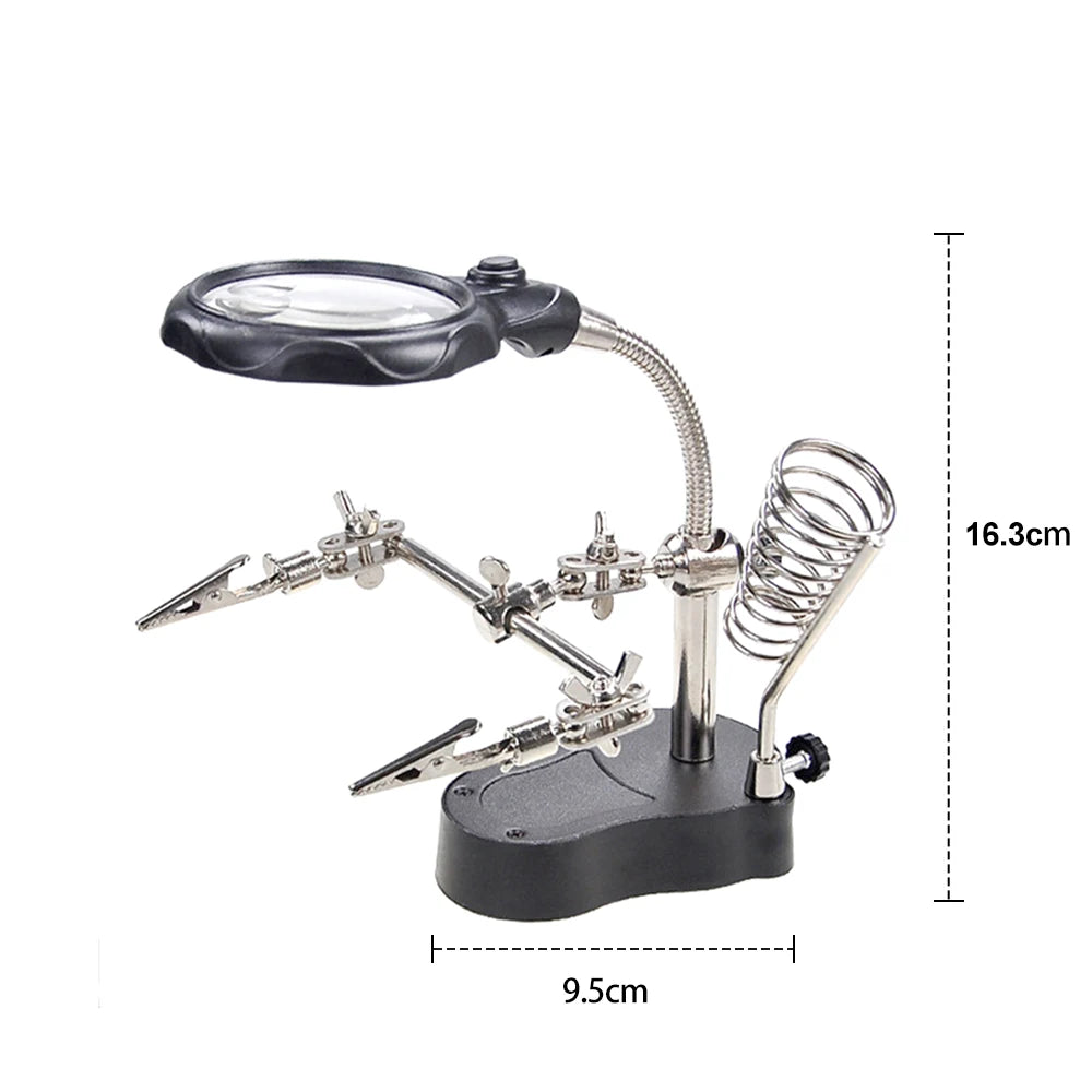 Adjustable 3.5X/12X Dual-Lens Magnifying Welding Clip with LED Light - Soldering Helping Hands & Circuit Board Repair Loupe